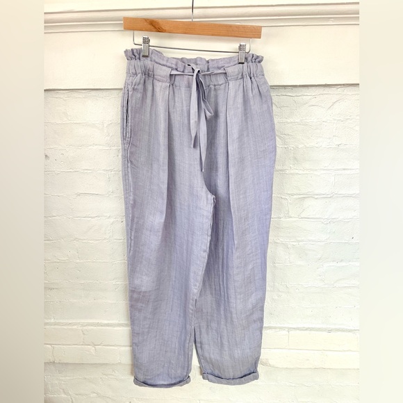 Free People Only Over You Linen Pant in Blue Pearl Tie Bag Waist Straight Leg - Picture 6 of 14